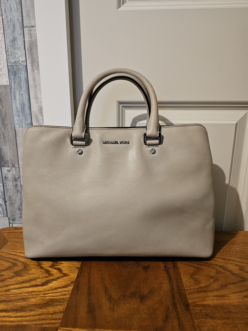 Michael Kors Structured Leather Satchel in Light Taupe